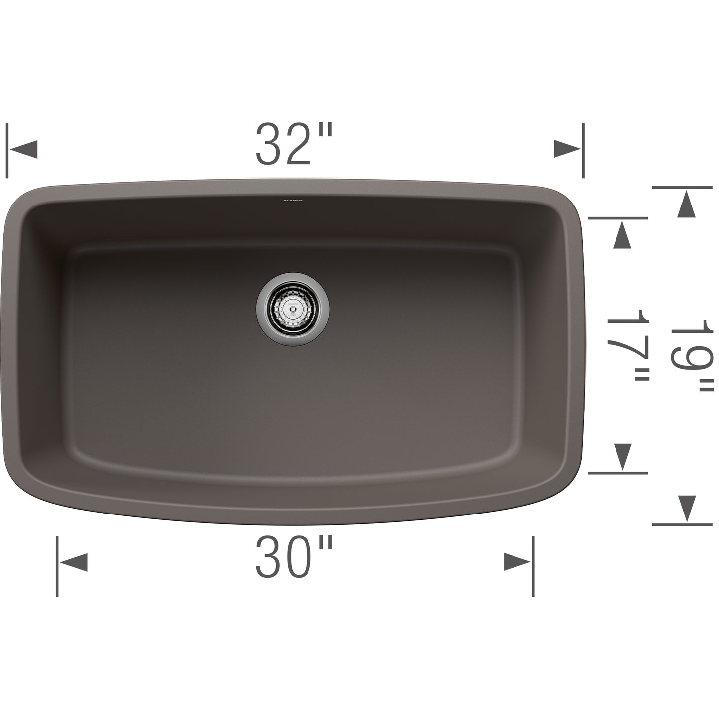 BLANCO Valea SILGRANIT 32" Super Single Undermount Kitchen Sink overhead view with dimensions 32" x 30" x 19".