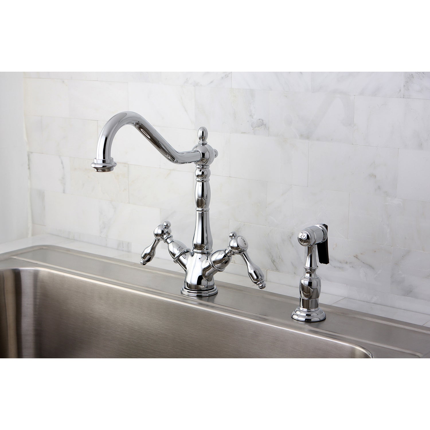 Kingston KS1238TALBS Tudor Two-Handle Kitchen Faucet with Brass Sprayer, Brushed Nickel in polished chrome finish