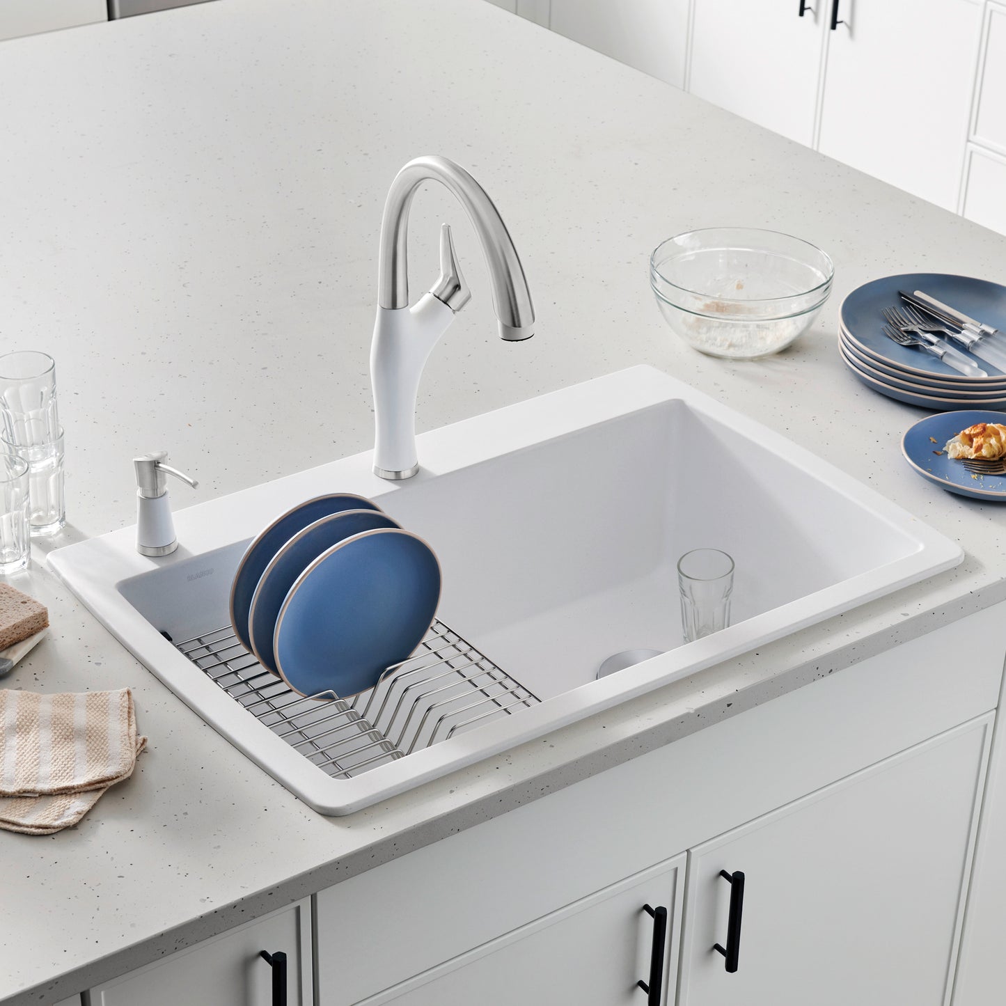 BLANCO Diamond SILGRANIT 33.5" Super Single Dual Mount Kitchen Sink with plates and utensils in modern kitchen setting.