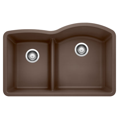 BLANCO Diamond SILGRANIT 32" 40/60 Reverse Double Bowl Undermount Kitchen Sink with Low Divide design in brown.