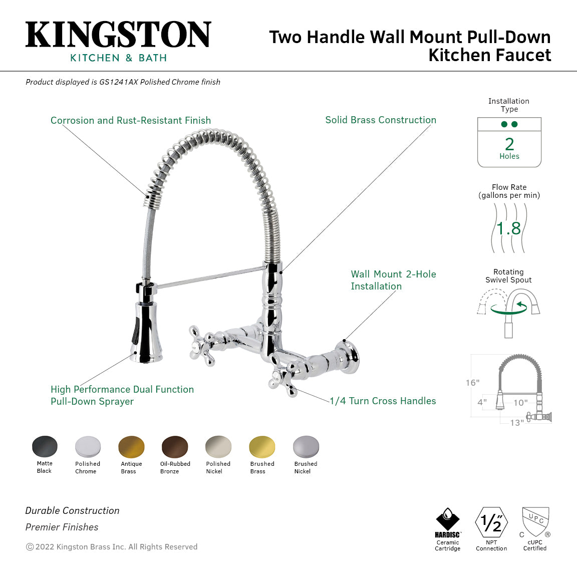 Gourmetier GS1243AX Heritage Double-Handle Wall-Mount Pre-Rinse Bridge Kitchen Faucet, Antique Brass