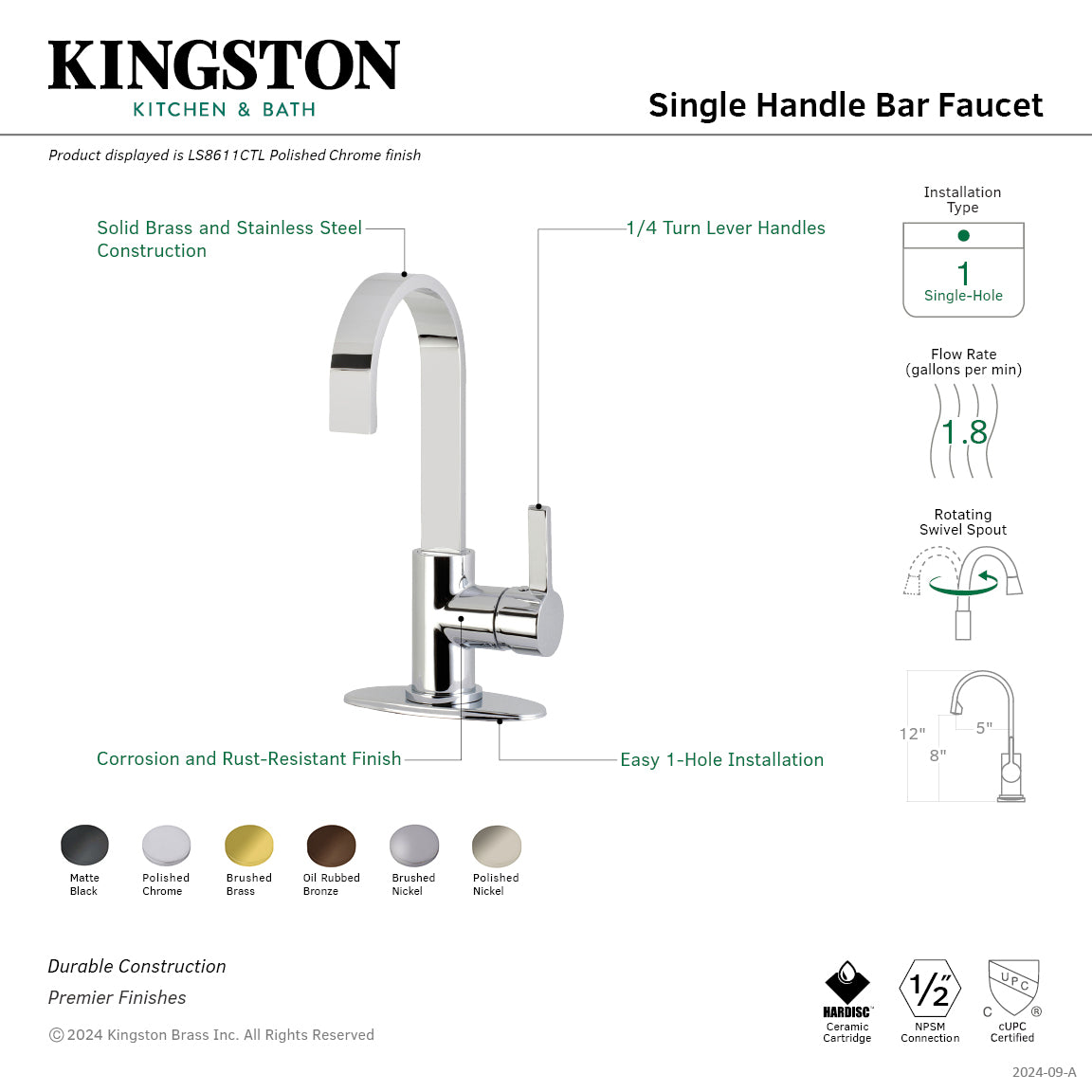 Kingston Brass LS8613CTL Continental Single-Handle Bar Faucet