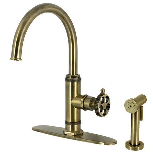 Kingston Brass KS2433RKX Webb Single-Handle Kitchen Faucet with Knurled Handle and Brass Side Sprayer, Antique Brass