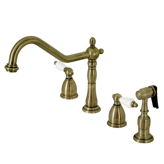 Kingston Brass KB1793PLBS Heritage Double-Handle Widespread Kitchen Faucet with Brass Sprayer, Antique Brass