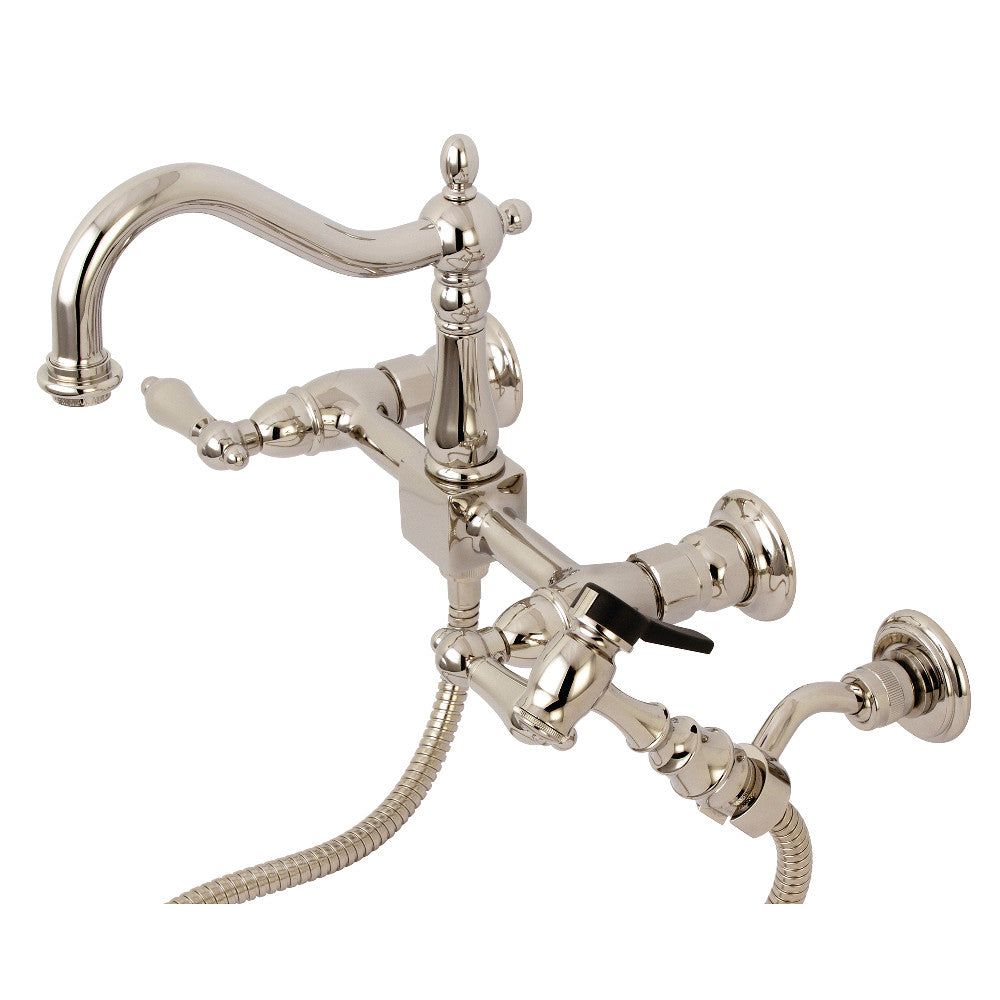 Kingston KS1263ALBS Heritage Two-Handle Wall Mount Bridge Kitchen Faucet with Brass Sprayer, Antique Brass
