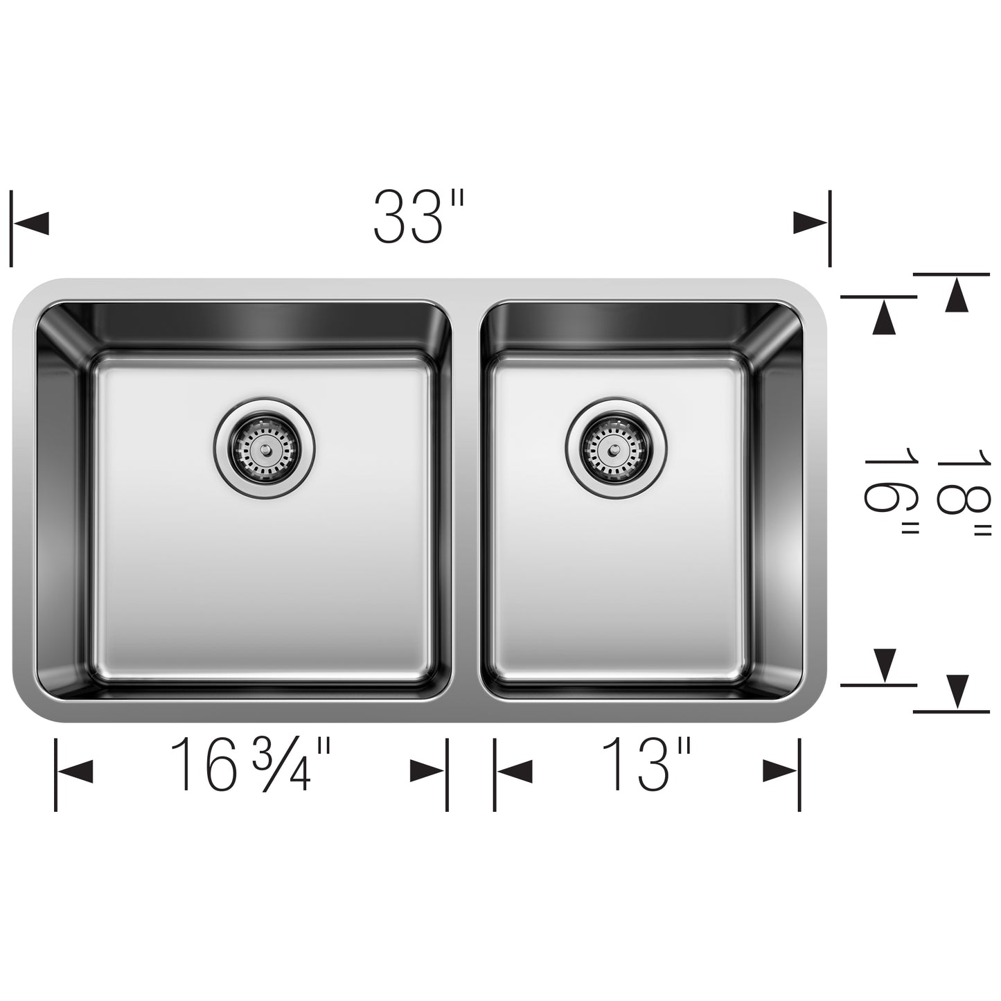 BLANCO Formera 33" 60/40 Double Bowl Undermount Stainless Steel Kitchen Sink dimensions showing 33" by 18" layout.