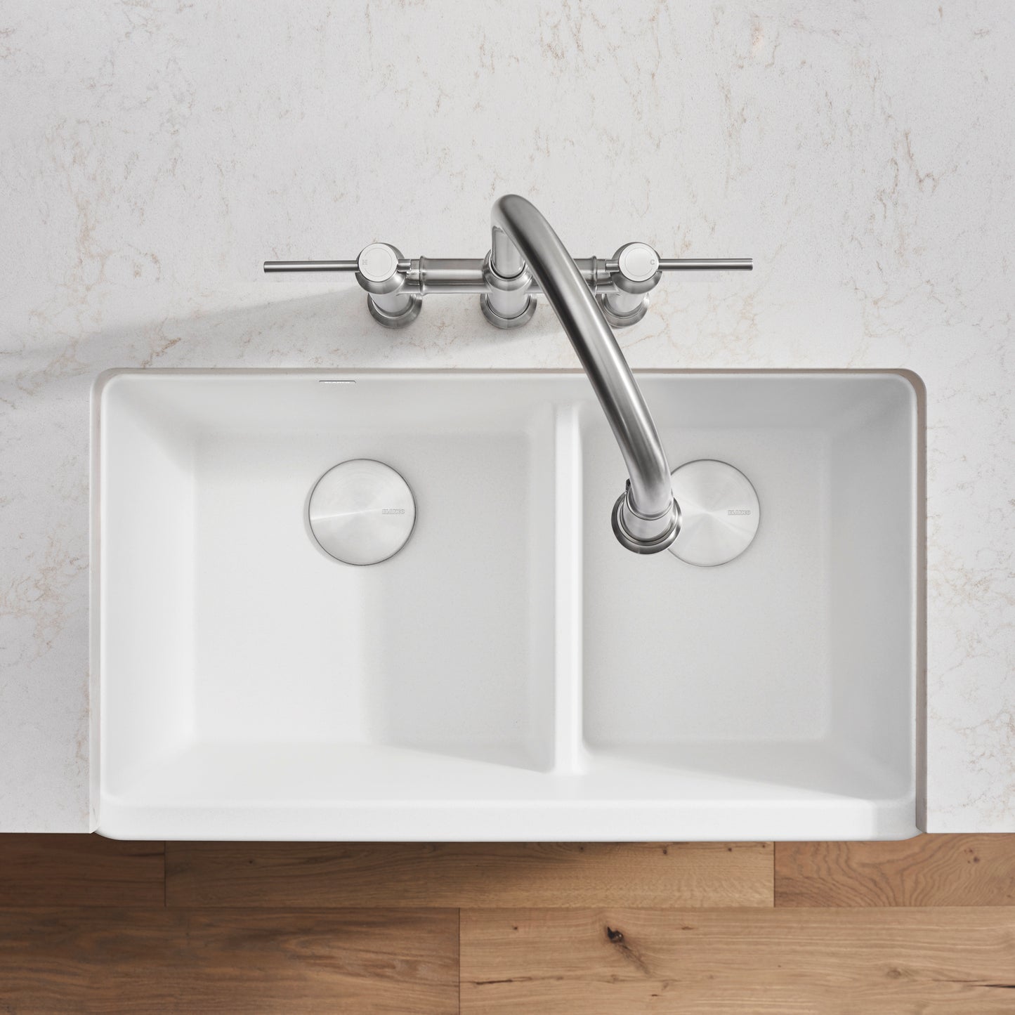 BLANCO Ikon SILGRANIT 33" Double Bowl Apron-Front Farmhouse Sink with Low Divide top view showcasing modern design.