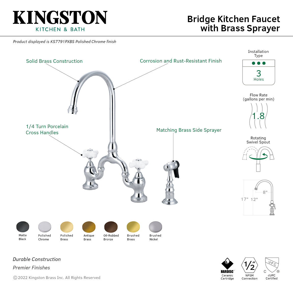 Kingston KS7798PXBS English Country Bridge Kitchen Faucet with Brass Sprayer, Brushed Nickel