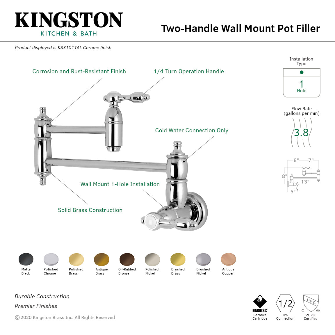 Kingston Brass KS3103TAL Tudor Wall Mount Pot Filler Faucet, Antique Brass with dual handles and wall mount installation.