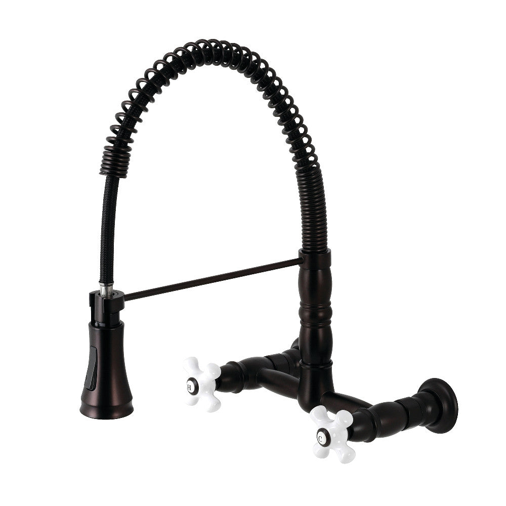 Gourmetier GS1243PX Heritage Double-Handle Wall-Mount Pre-Rinse Bridge Kitchen Faucet, Antique Brass.