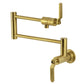 Kingston Brass KS4103KL Whitaker Wall Mount Pot Filler Faucet, Antique Brass, featuring foldable swing arms and brushed brass finish.