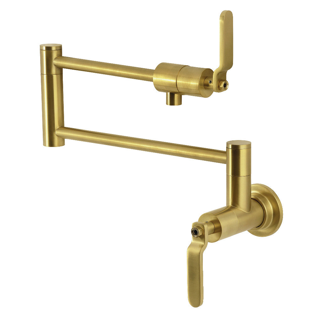 Kingston Brass KS4103KL Whitaker Wall Mount Pot Filler Faucet, Antique Brass, featuring foldable swing arms and brushed brass finish.