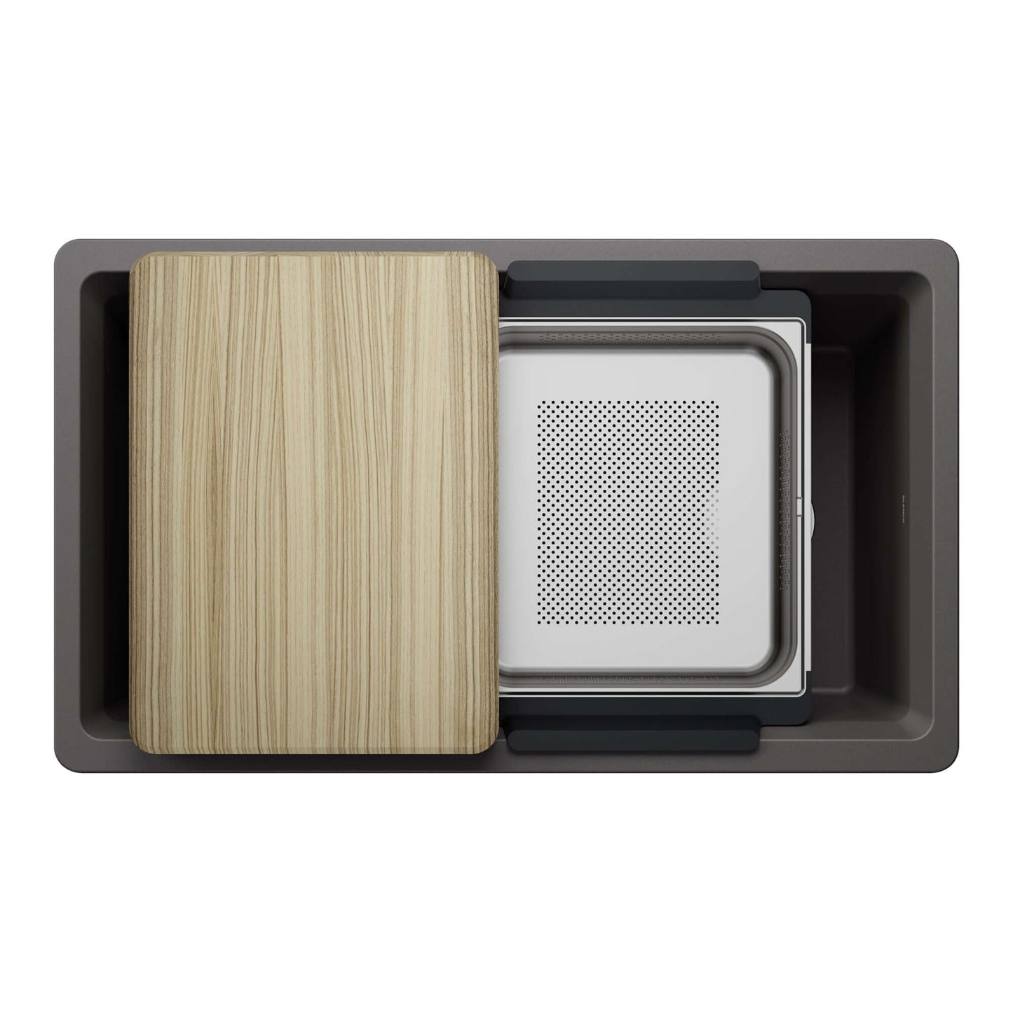 BLANCO Inteos SILGRANIT 33" Single Bowl Reversible Undermount Workstation Kitchen Sink with wood cutting board and colander.