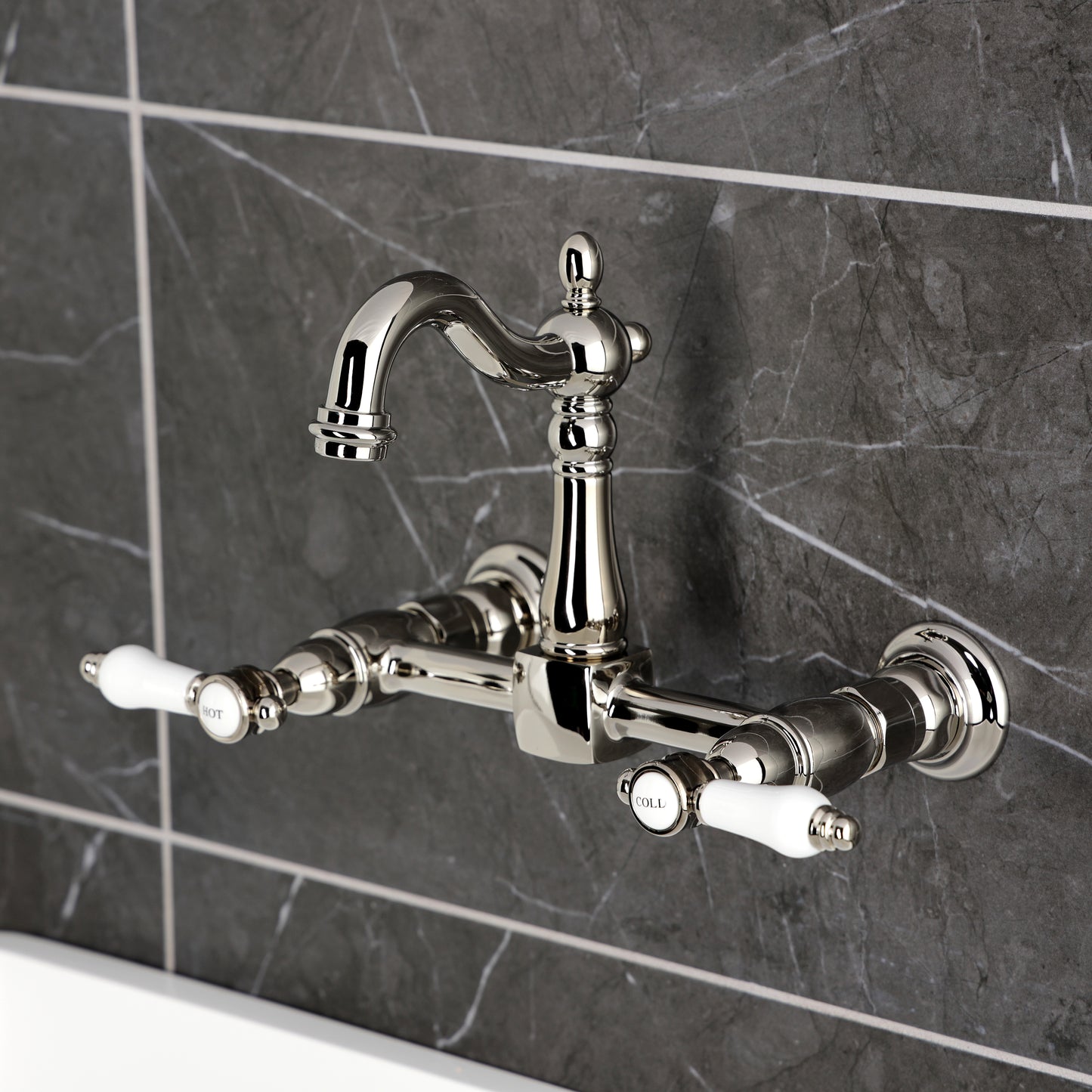 Kingston KS2443BPL Bel-Air Two-Handle Wall Mount Bridge Kitchen Faucet, Antique Brass