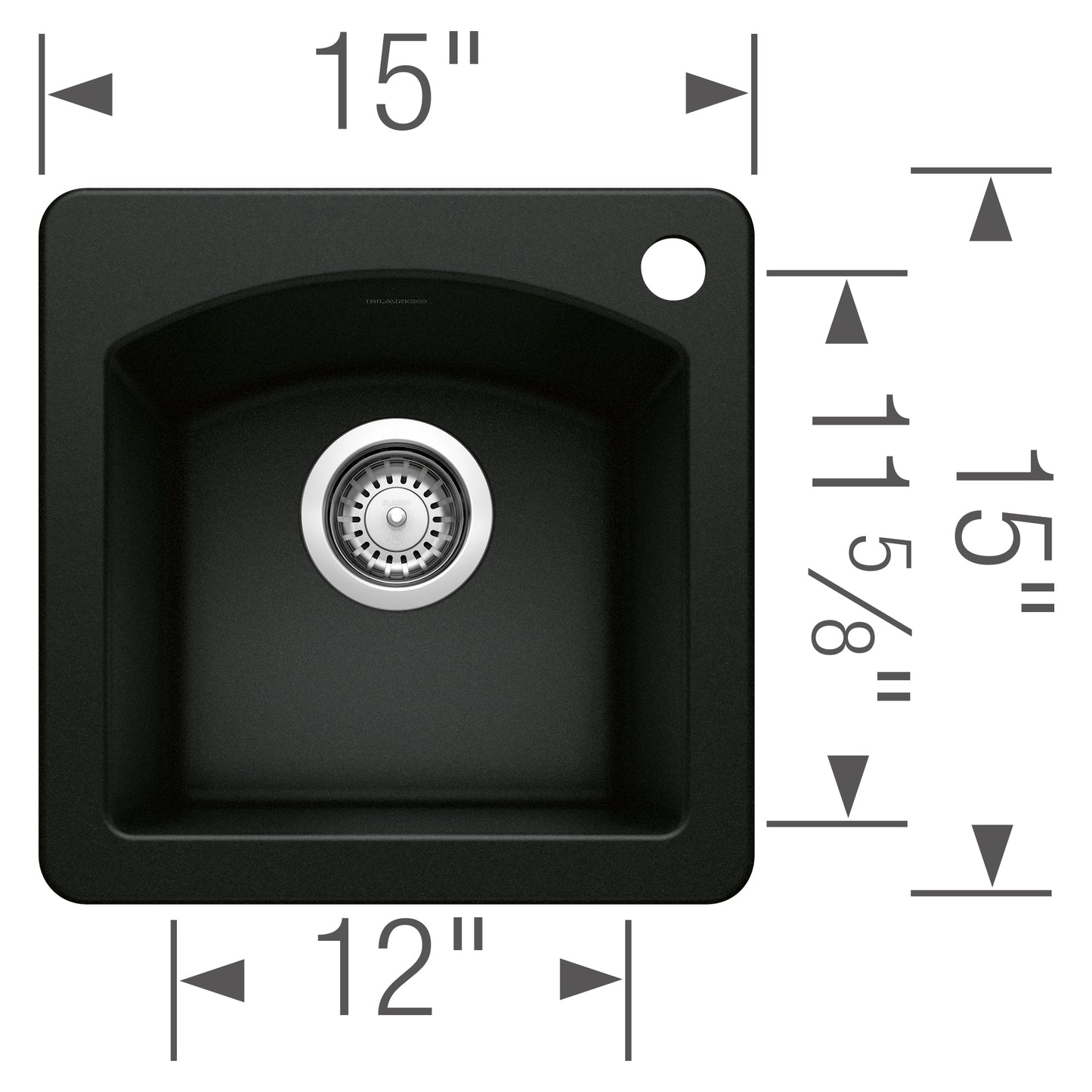 BLANCO Diamond SILGRANIT 15" Dual Mount Bar Sink dimensions showing 15" x 12" and additional measurements.