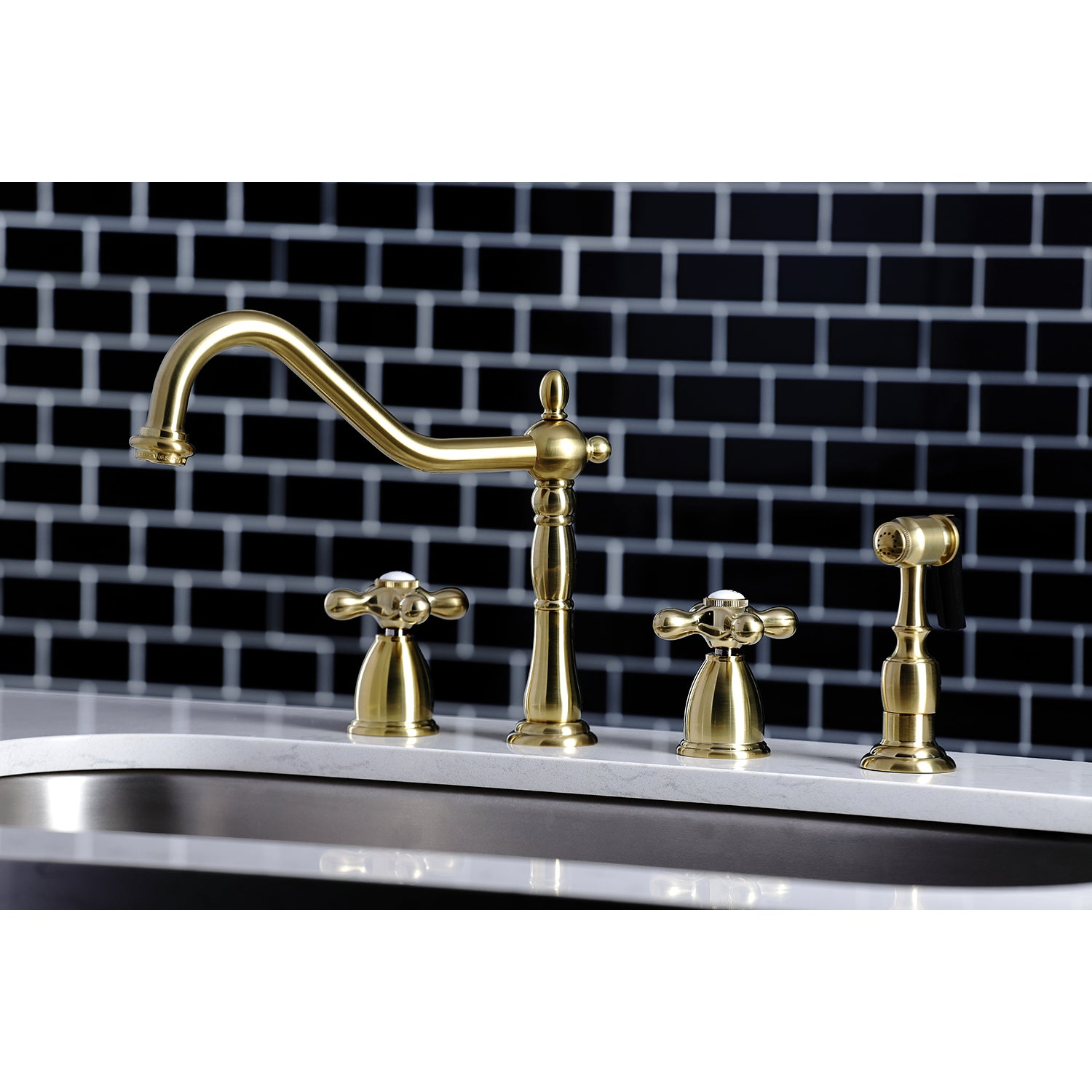 Kingston Brass KB1793AXBS Heritage Double-Handle Widespread Kitchen Faucet with Brass Sprayer, Antique Brass
