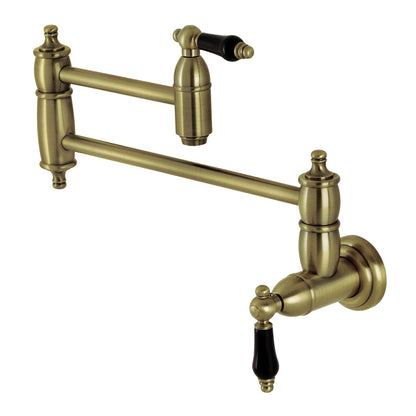 Kingston Brass KS3103PKL Duchess Wall Mount Pot Filler Faucet, Antique Brass with black porcelain handles