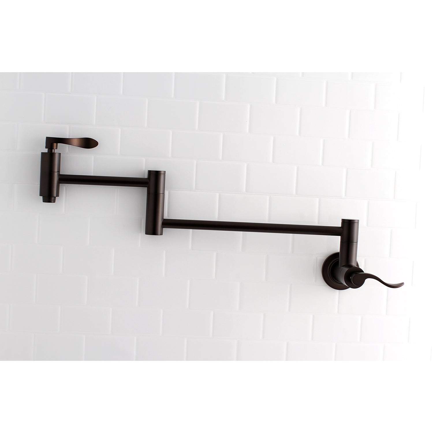 Kingston Brass KS8108DFL NuWave Wall Mount Pot Filler Faucet, Brushed Nickel on a white tiled wall.