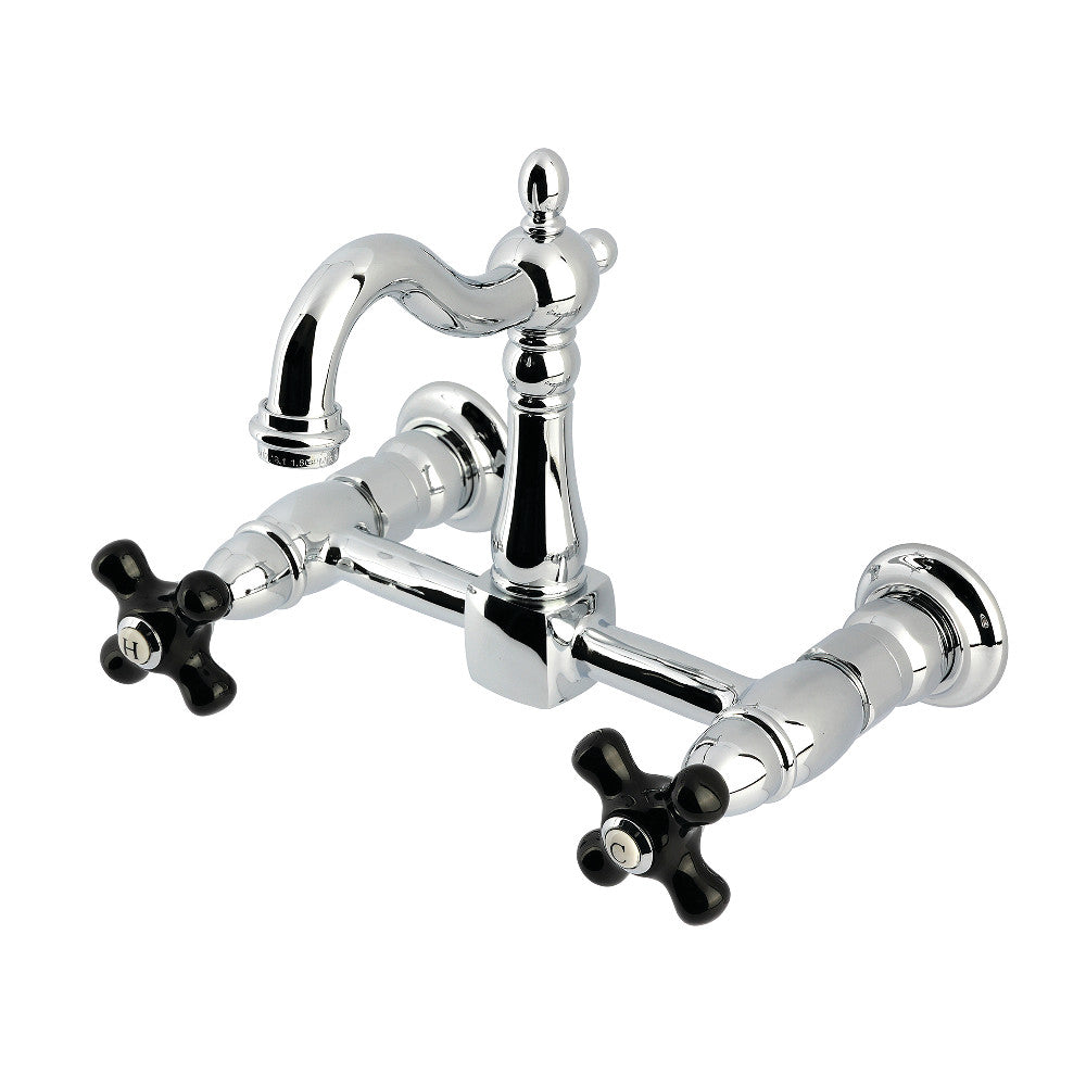 Kingston KS2443PKX Duchess Two-Handle Wall Mount Bridge Kitchen Faucet, Antique Brass with black handles and polished chrome finish