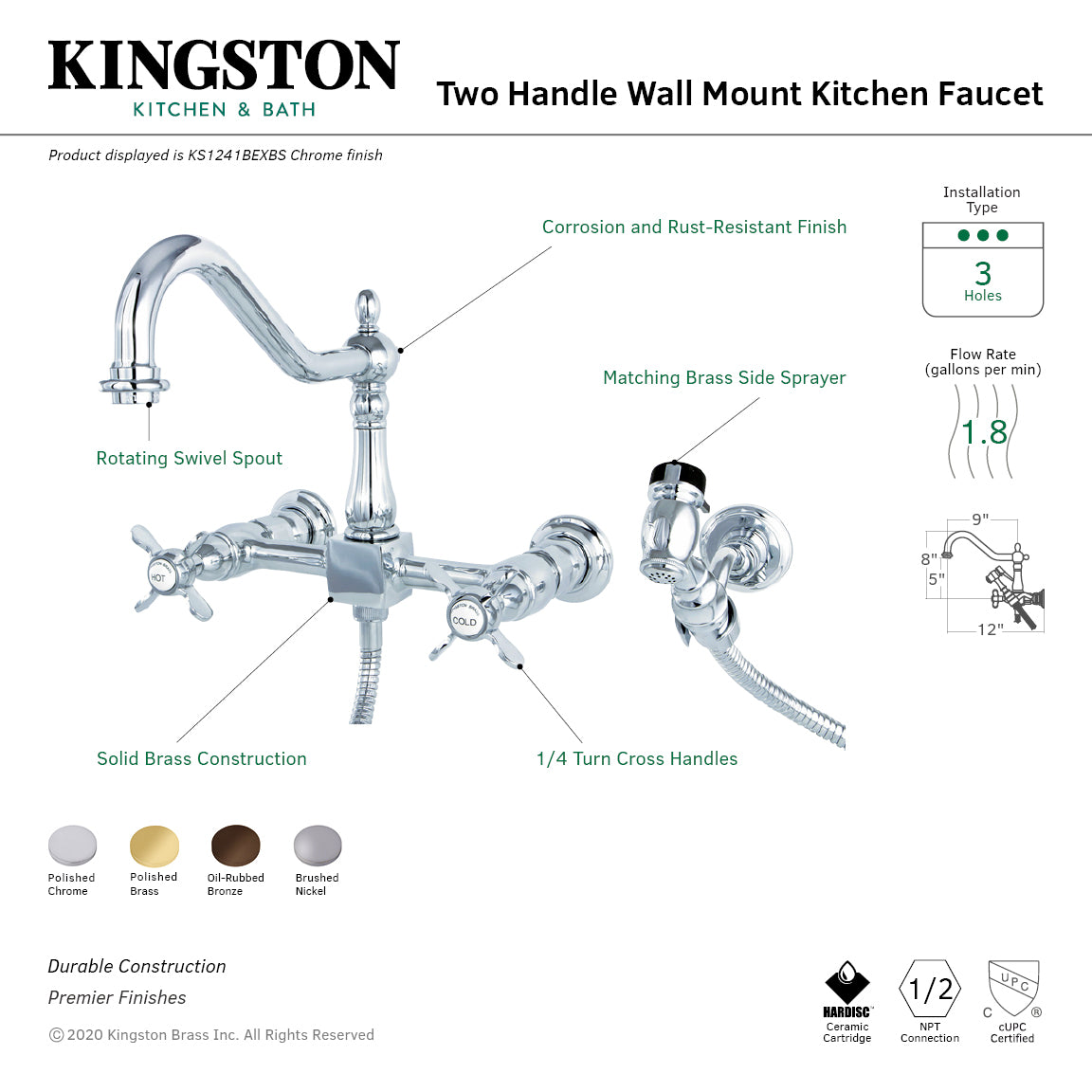 Kingston KS1248BEXBS Essex Two-Handle Wall Mount Bridge Kitchen Faucet with Brass Sprayer, Brushed Nickel