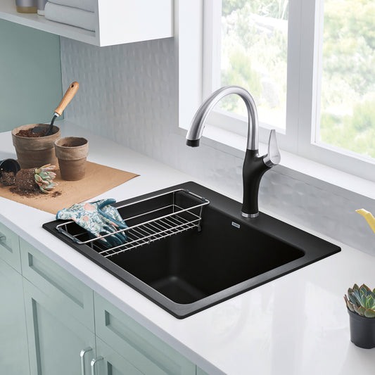 BLANCO Liven SILGRANIT 25" Single Bowl Dual Mount Laundry Sink with modern faucet and accessories.