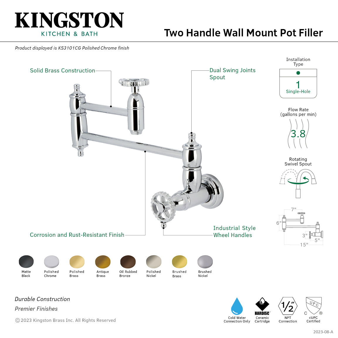 Kingston Brass KS3103CG Fuller Wall Mount Pot Filler Faucet, Antique Brass design with dual swing joints spout.