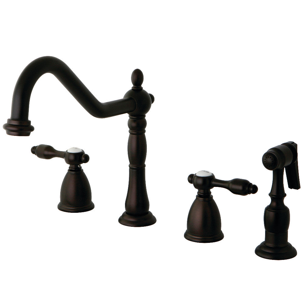 Kingston Brass KB1797TALBS Tudor Double-Handle Widespread Kitchen Faucet with Brass Sprayer, Brushed Brass