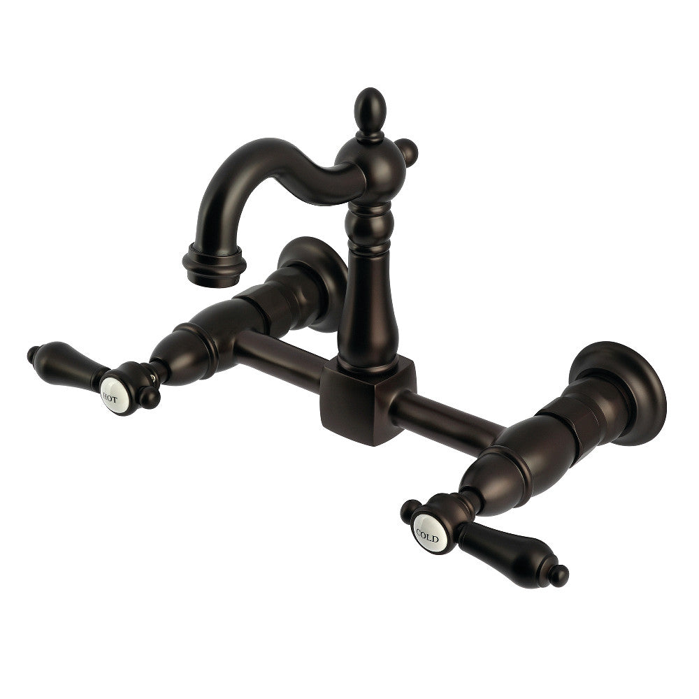 Kingston KS2443BAL Heirloom Two-Handle Wall Mount Bridge Kitchen Faucet, Antique Brass with oil rubbed bronze finish.
