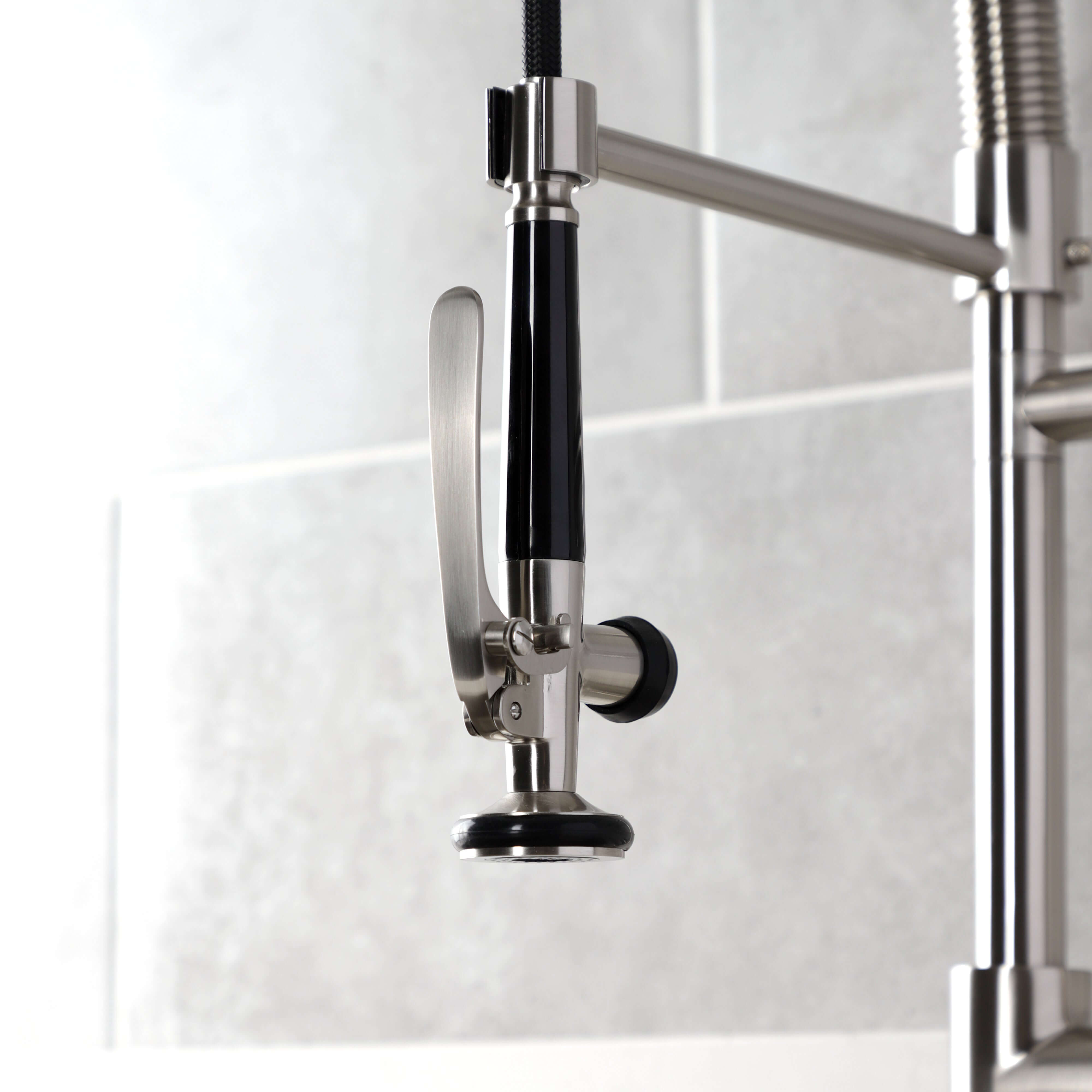 Kingston Brass LS8503DL Concord Single-Handle Deck-Mount Pre-Rinse Kitchen Faucet with Pot Filler, Brushed Brass sprayhead close-up