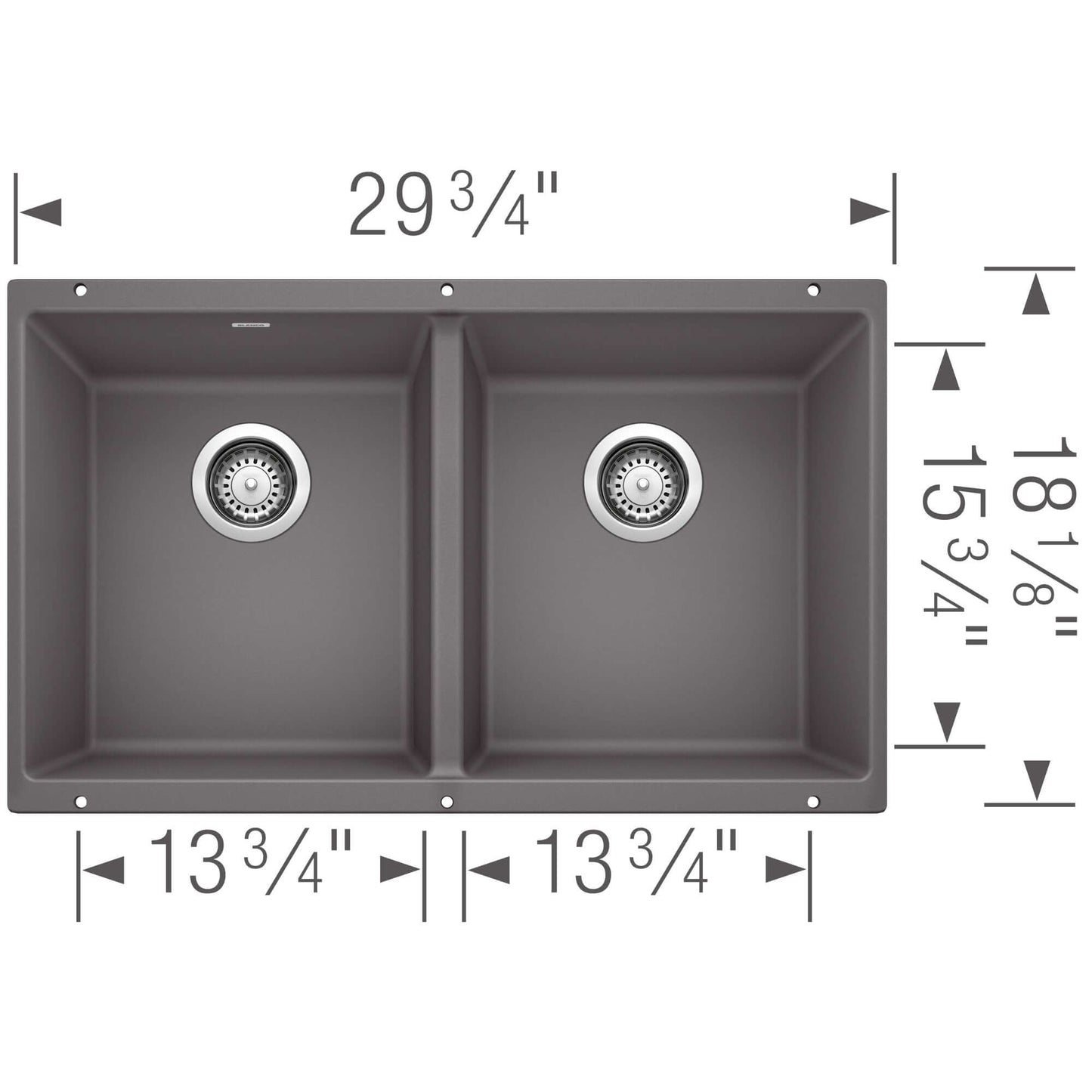 BLANCO Precis SILGRANIT 29" 50/50 Double Bowl Undermount Kitchen Sink dimensions diagram in grey color.