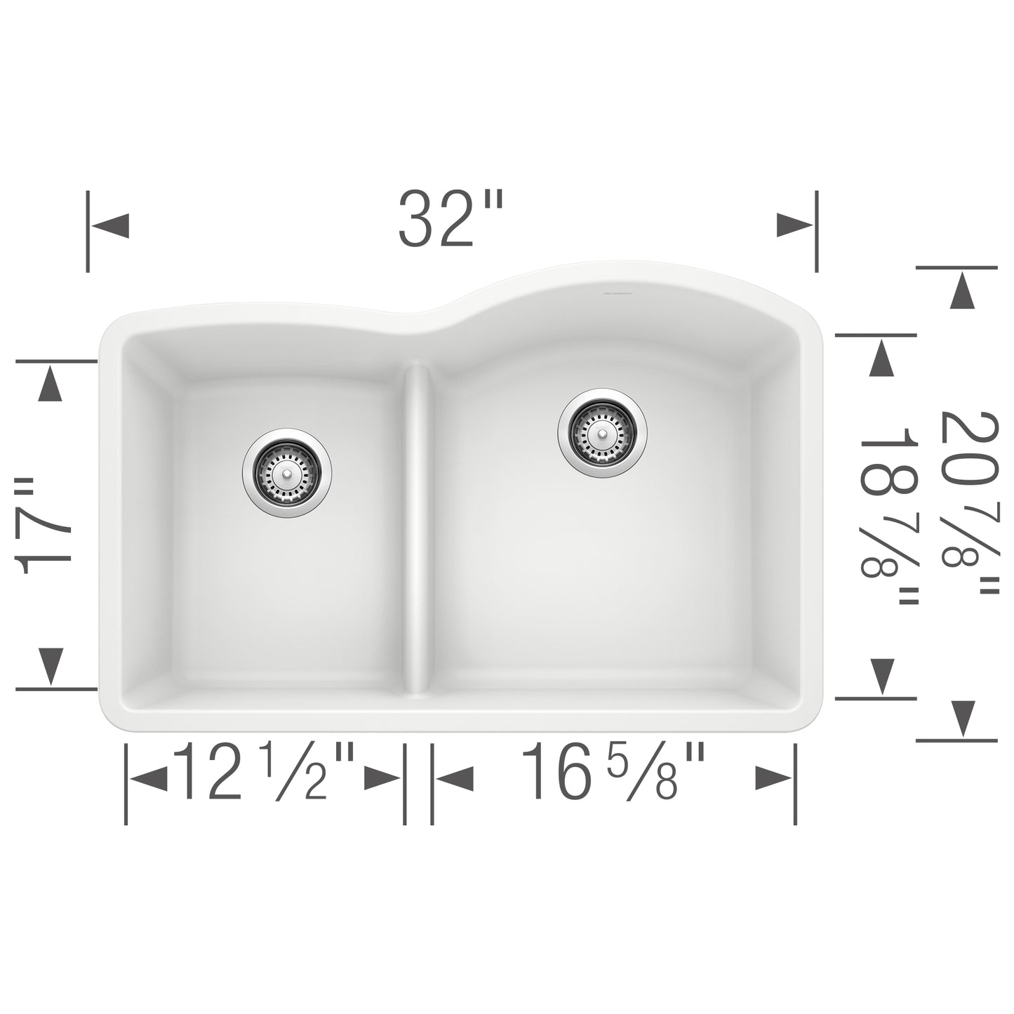 Top view of BLANCO Diamond SILGRANIT 32" 40/60 Reverse Double Bowl Undermount Kitchen Sink with Low Divide showing dimensions.