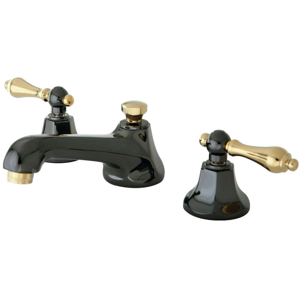 Kingston Brass NS4460AL Water Onyx Widespread Bathroom Faucet in black with polished brass lever handles, top view layout.