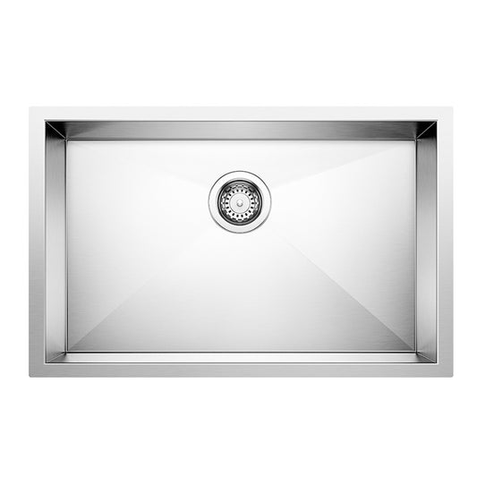 BLANCO Quatrus R0 28" Single Bowl Undermount Stainless Steel Kitchen Sink top view with central drain.