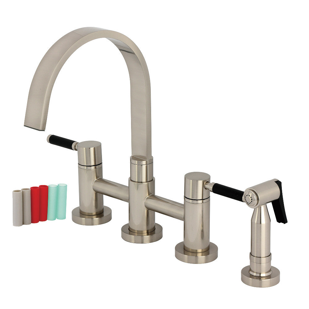 Kingston KS8267DKLBS Kaiser Bridge Kitchen Faucet with Brass Sprayer, Brushed Brass image with cylindrical handles and gooseneck spout.