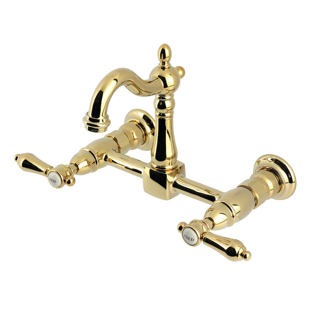 Kingston KS2443BAL Heirloom Two-Handle Wall Mount Bridge Kitchen Faucet, Antique Brass with polished brass finish