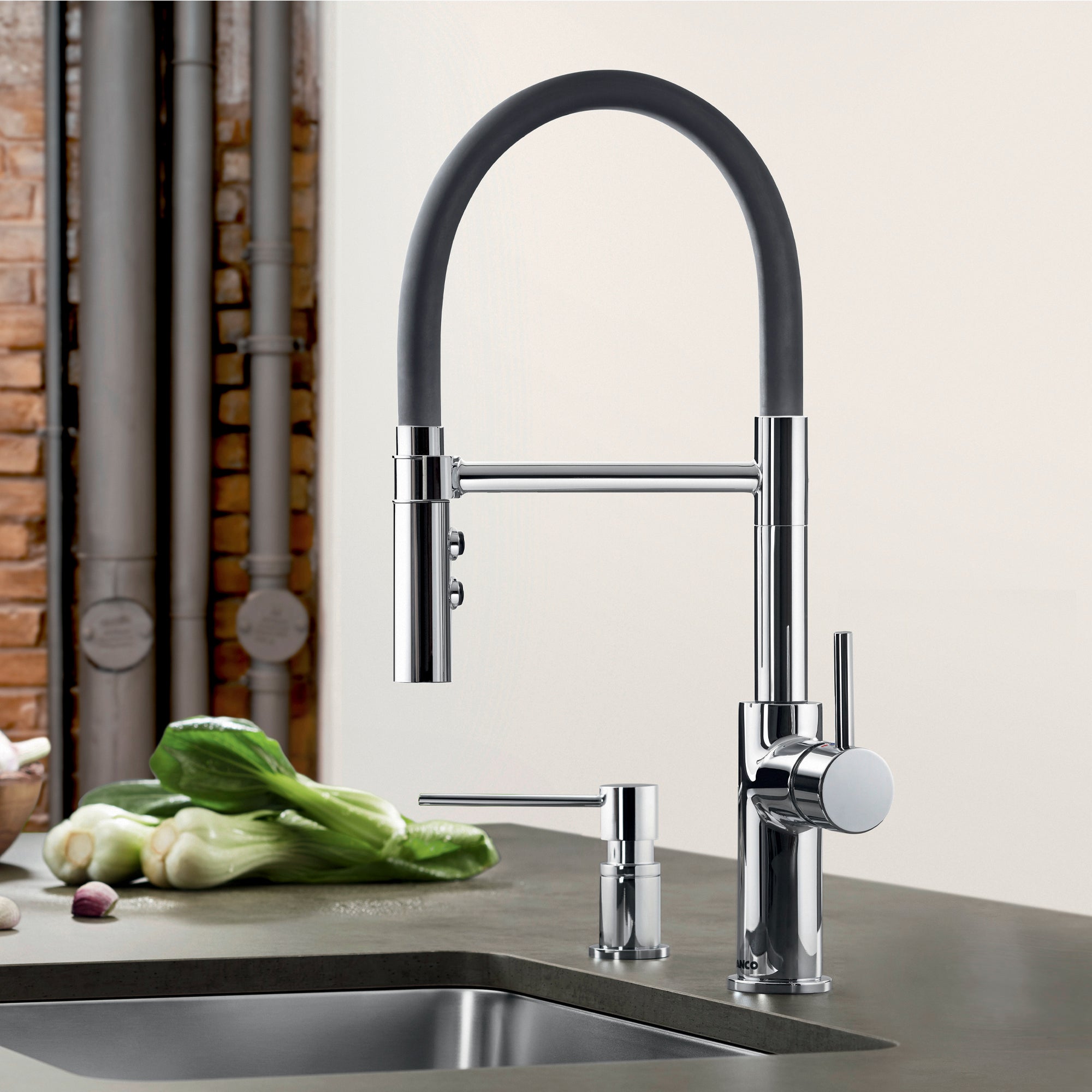 BLANCO Catris Flexo Semi-Pro Pull-Down Dual-Spray Kitchen Faucet in a modern kitchen setting with industrial design.