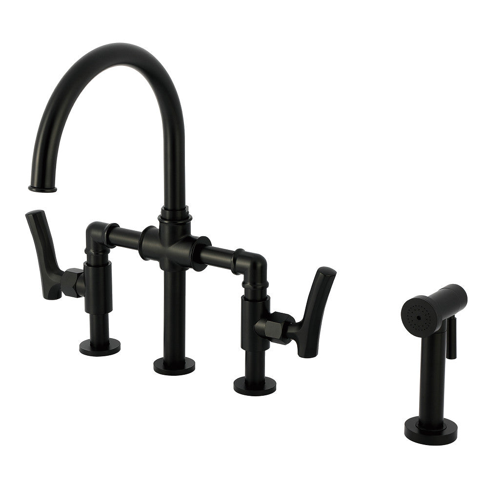 Kingston KS2333TKL Hallerbos Bridge Kitchen Faucet with Brass Sprayer, Antique Brass in matte black finish.
