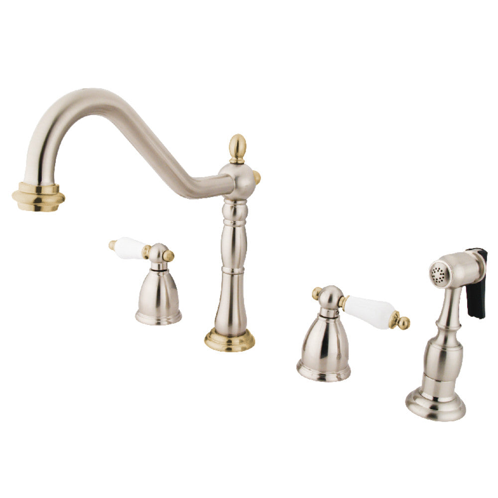 Kingston Brass KB1793PLBS Heritage Double-Handle Widespread Kitchen Faucet with Brass Sprayer, Antique Brass