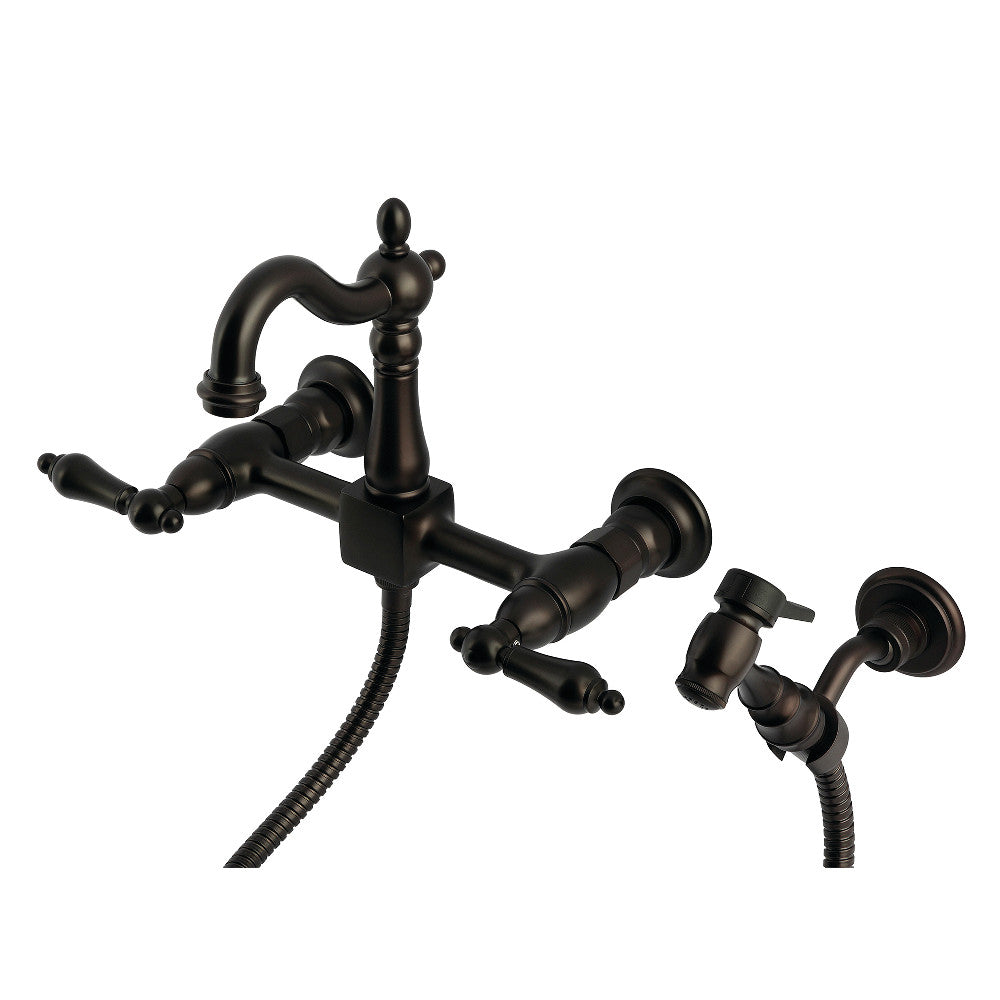 Kingston KS2443ALBS Heritage Two-Handle Wall Mount Bridge Kitchen Faucet with Brass Sprayer, Antique Brass.