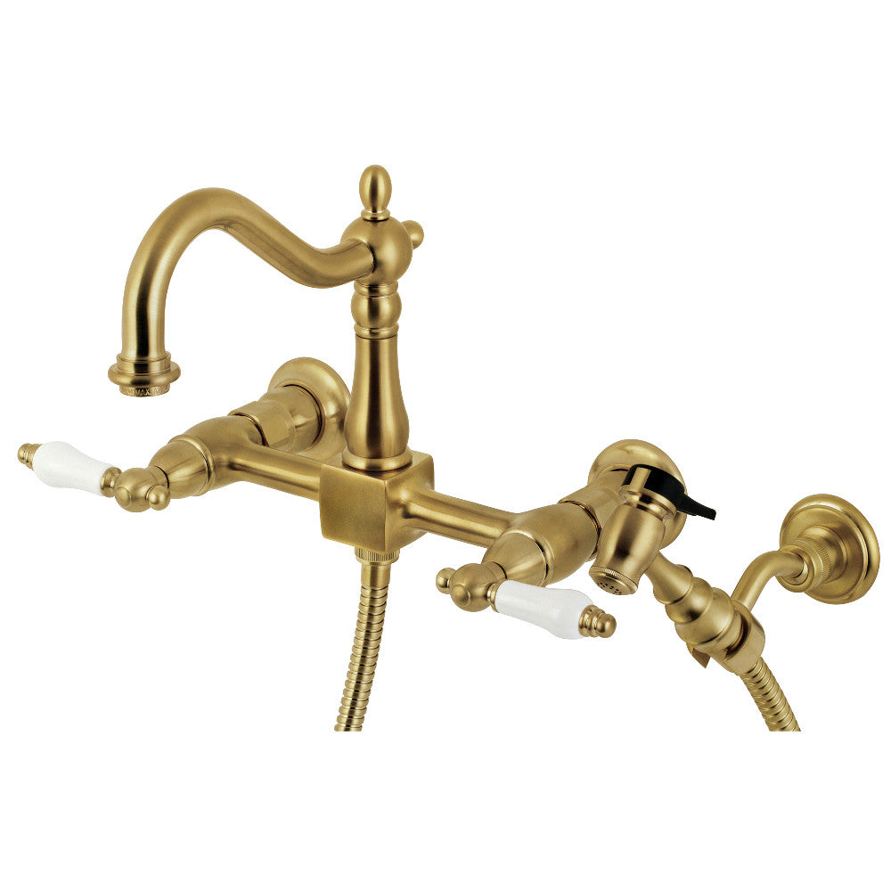 Kingston KS1263PLBS Heritage Two-Handle Wall Mount Bridge Kitchen Faucet with Brass Sprayer, Antique Brass