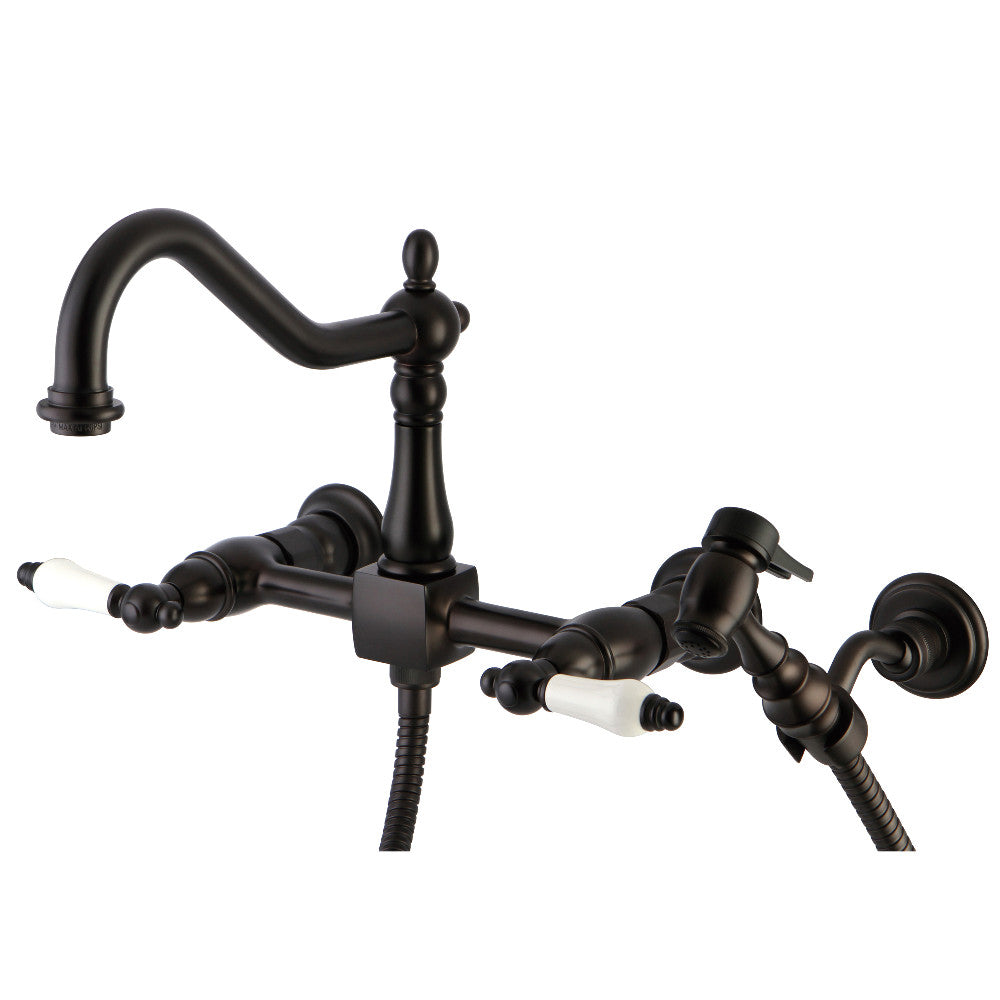 Kingston KS1243PLBS Heritage Two-Handle Wall Mount Bridge Kitchen Faucet with Brass Sprayer, Antique Brass