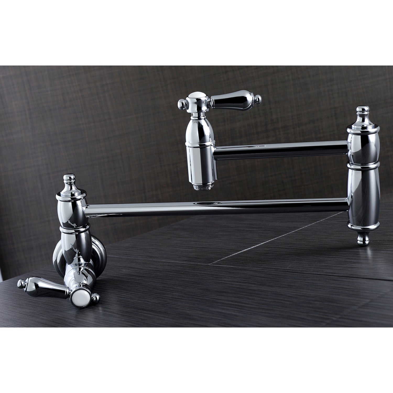 Kingston Brass KS3103BAL Heirloom Wall Mount Pot Filler Faucet, Antique Brass on a dark background.