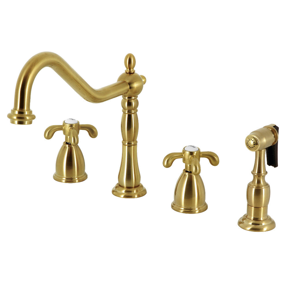 Kingston Brass KB1793TXBS French Country Double-Handle Widespread Kitchen Faucet with Brass Sprayer, Antique Brass