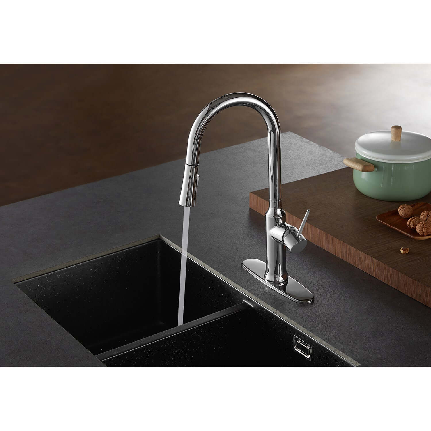 Gourmetier LS2723NYL New York Single-Handle Pull-Down Kitchen Faucet, Brushed Brass in a modern kitchen setting.