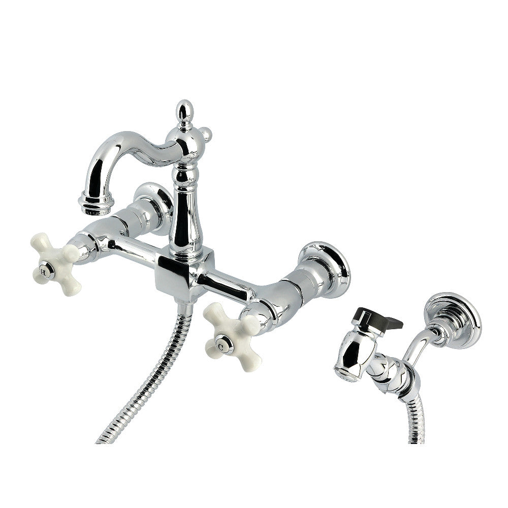 Kingston KS2443PXBS Heritage Two-Handle Wall Mount Bridge Kitchen Faucet with Brass Sprayer, Antique Brass