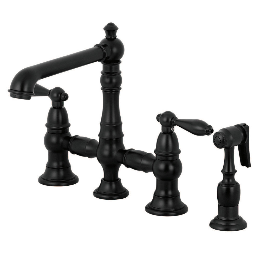 Kingston KS7277ALBS English Country Bridge Kitchen Faucet with Brass Sprayer, Brushed Brass in matte black finish.
