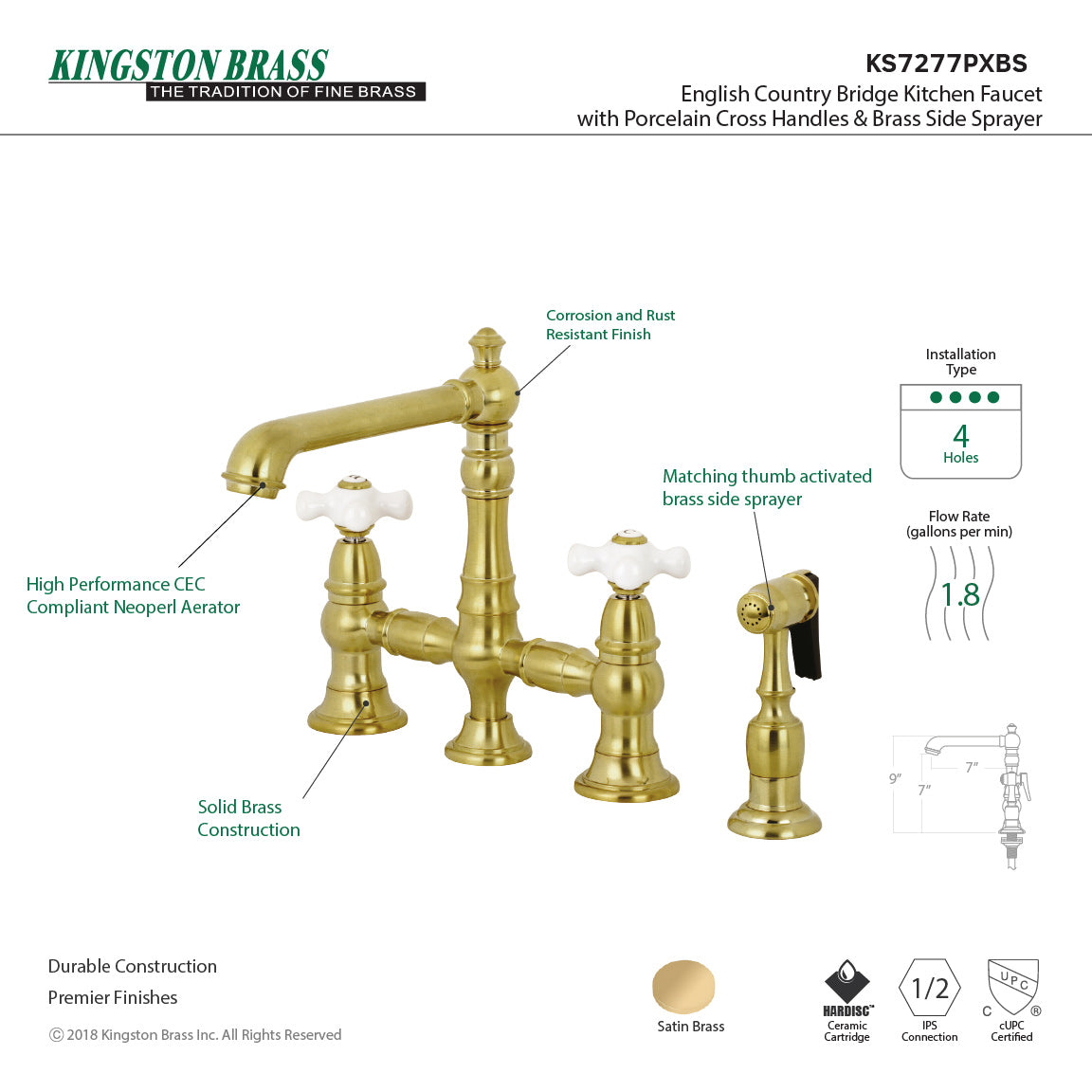 Kingston KS7277PXBS English Country Bridge Kitchen Faucet with Brass Sprayer, Brushed Brass, featuring porcelain cross handles.