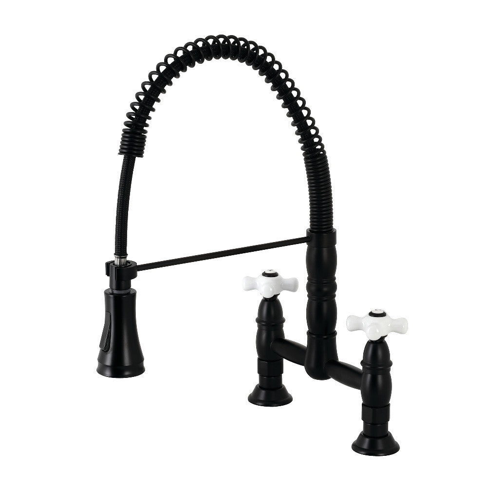 Gourmetier GS1273PX Heritage Double-Handle Deck-Mount Pre-Rinse Bridge Kitchen Faucet, Antique Brass in matte black finish.
