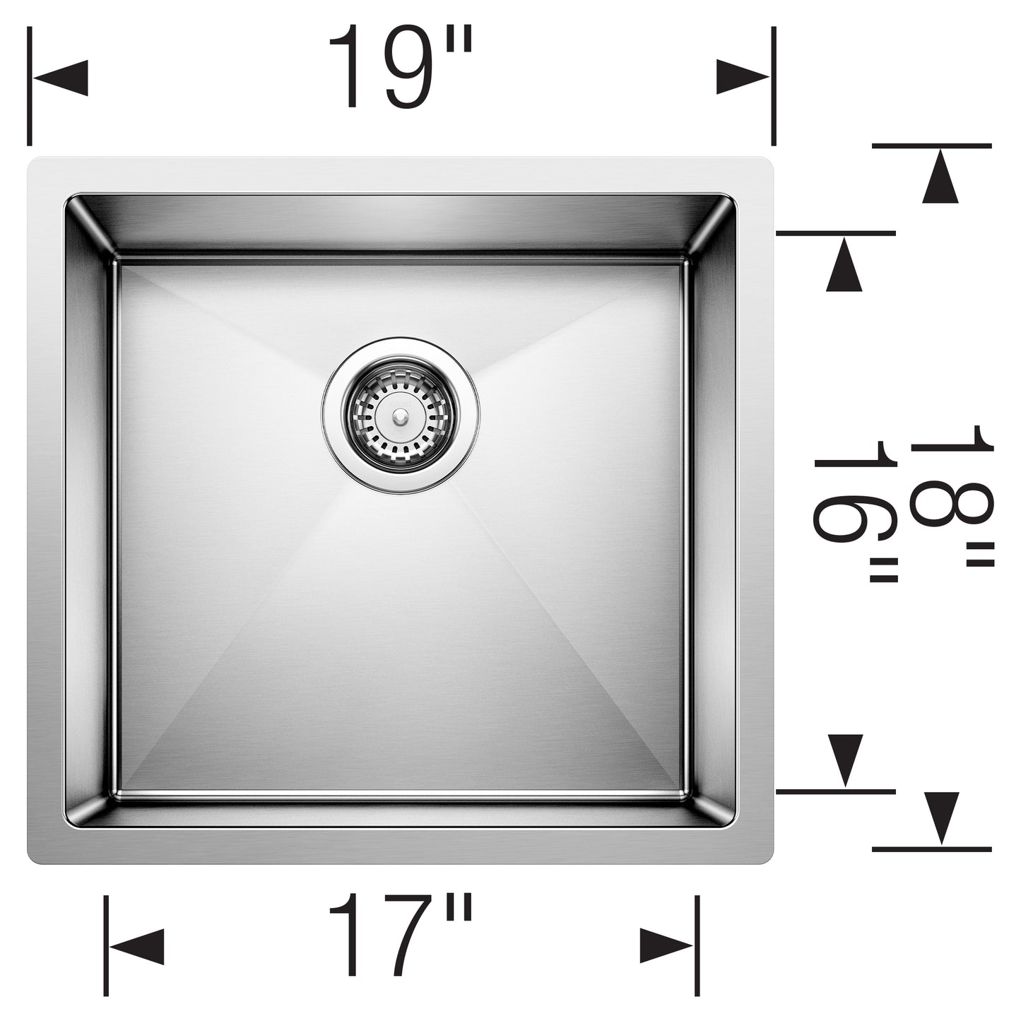 BLANCO Precision R10 19" Single Bowl Undermount Stainless Steel Kitchen Sink dimensions showing a compact stainless steel design.
