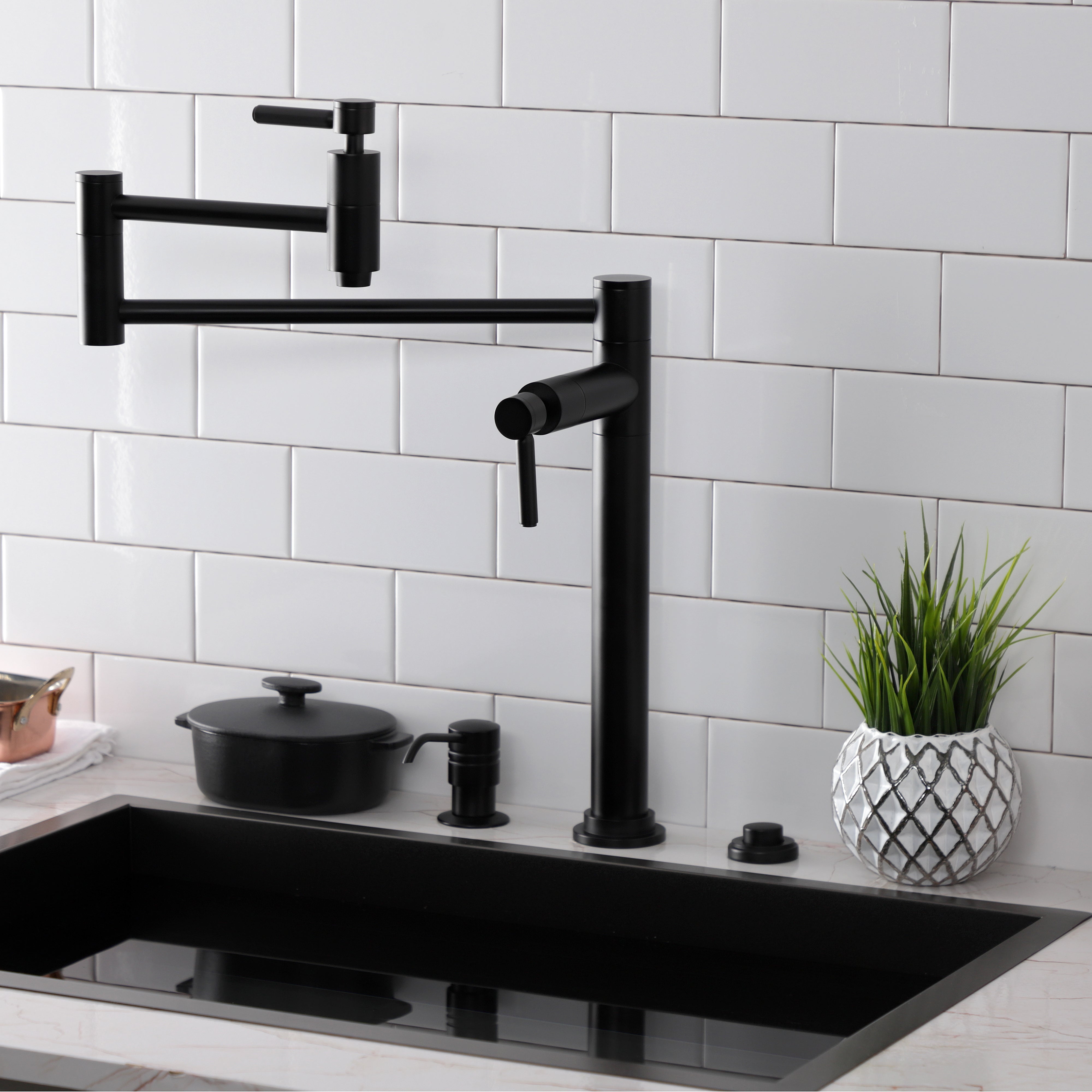 Kingston Brass KS870DLAC Concord Deck Mount Pot Filler Faucet, Antique Copper in modern kitchen setting